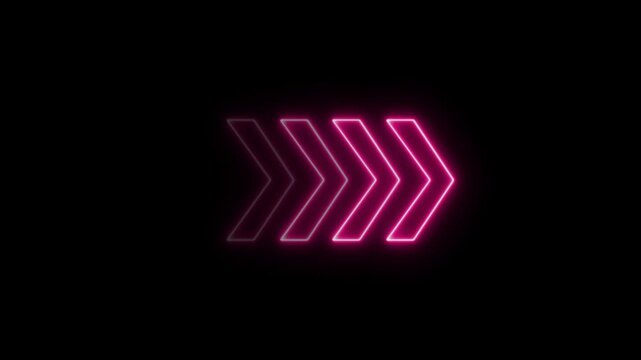 Neon arrow loading icon animation.Glowing neon light arrows sign right to left animation concept, rendering left arrow on black background, Arrow loading icon isolated, rising animation.4k