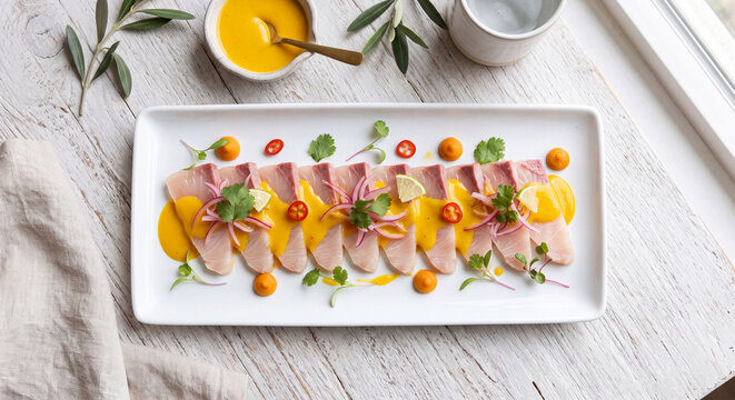 Tiradito de Pescado Traditional Peruvian Sliced Raw Fish with Yellow Chili Sauce