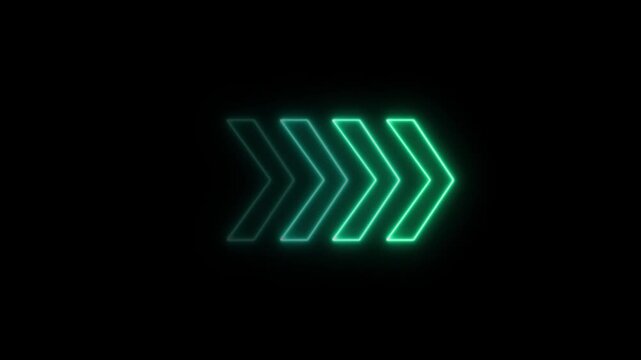 Neon arrow loading icon animation.Glowing neon light arrows sign right to left animation concept, rendering left arrow on black background, Arrow loading icon isolated, rising animation, .4k