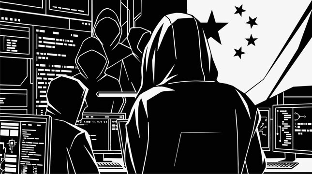 Hooded group of Chinese hacker specialists conducting state-sponsored cyberwarfare and digital espionage from a computer screen command center.