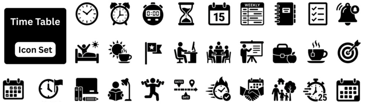 Silhouette vector of Time Table Icon Set. Time Table silhouette Icon Set. Features icons of future, hours, management, meeting, signs, timeline, graphic, measurement, work, check collection.