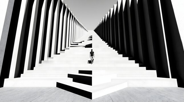 A person ascending a monumental, abstract staircase composed of repeating geometric shapes, creating a surreal and minimalist visual
