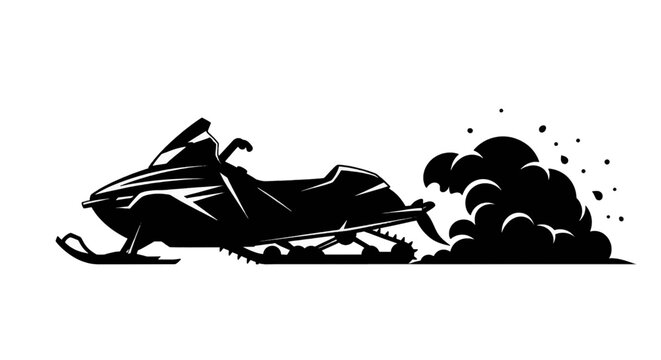 Vector illustration of snowmobile silhouette kicking up snow on a transparent background