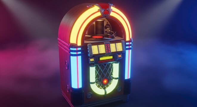 Vintage Jukebox with Neon Lights On.