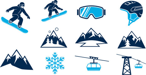 Winter Sports and Alpine Mountain Activity Icon Set with Snowboarding Gear and Ski Lift Illustrations © Mewtwo