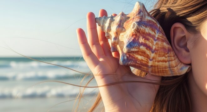 Woman listening to seashell on beach.