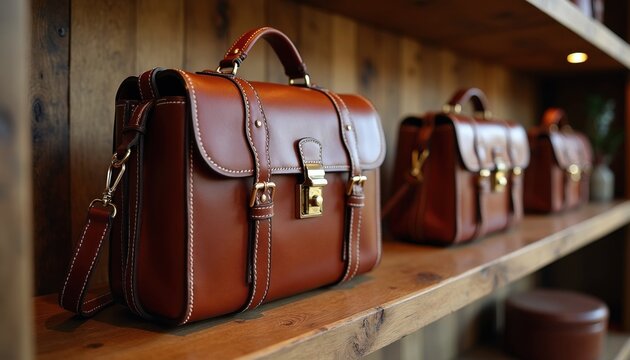 Row of classic brown leather handbags with gold clasps rest on wooden shelves. Elegant bags showcase fine stitching and sturdy handles, ideal for stylish business or travel. High quality accessory.
