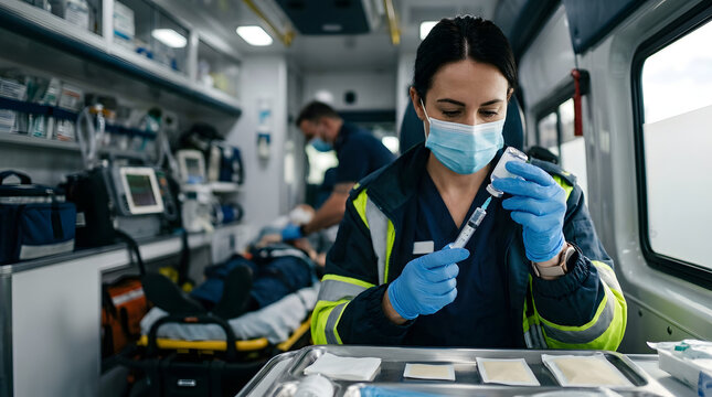 Paramedic Prepares Syringe with Medication Inside Ambulance, Medical Emergency