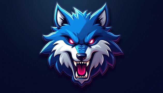 Angry blue wolf head mascot for gaming teams. Fierce canine character portrait with glowing red eyes. Aggressive wild animal emblem design for esports branding. Sharp fangs visible in snarl. Graphic
