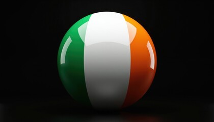 Obraz premium Glossy sphere features Irish flag colors green white orange against dark black background. Round three dimensional ball symbol represents Republic of Ireland national identity patriotism sovereignty.