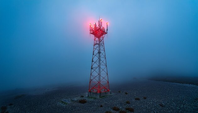 vibrant red warning lights pulse through thick fog around an industrial communication tower during a real emergency broadcast signal event metal tower electronic