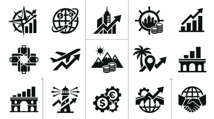 Obraz premium Set of sixteen black vector icons representing business, travel, finance, and global concepts with graphs, gears, buildings, handshake, compass, airplane, and currency symbols on white background.