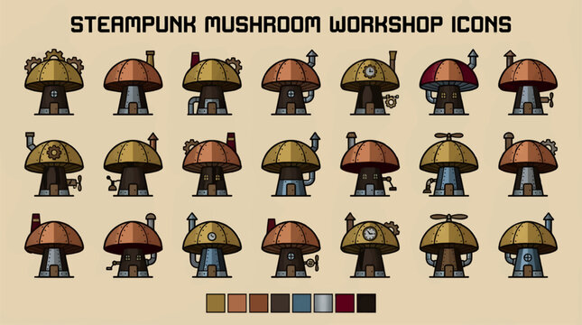 Steampunk Mushroom Workshop Icons Set, Flat Design Vector Graphics Featuring Fungi-Shaped Buildings with Gears, Pipes, and Clocks, Industrial Fantasy Elements