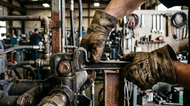 Hardworking hands in leather gloves holding a wrench for Labor Day tribute