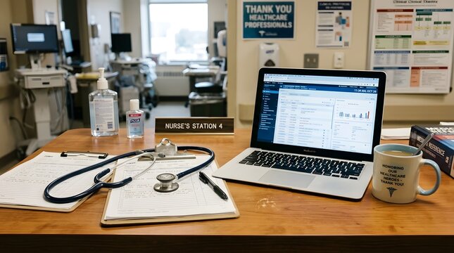 Nurse Station Desktop Setup During Labor Day Shift with Medical Records Gear