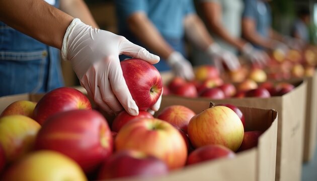 People in gloves sort fresh apples into donation boxes. Volunteers pack fruit for charity. Community team helps needy people. Giving food kindness.