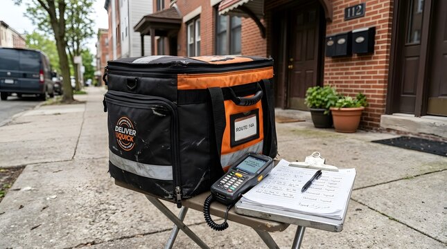 A vital delivery bag and scanner on a city street, symbolizing daily labor on Labor Day