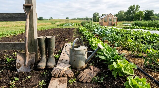 Labor Day gardening concept with tools in a farm field and greenhouse background