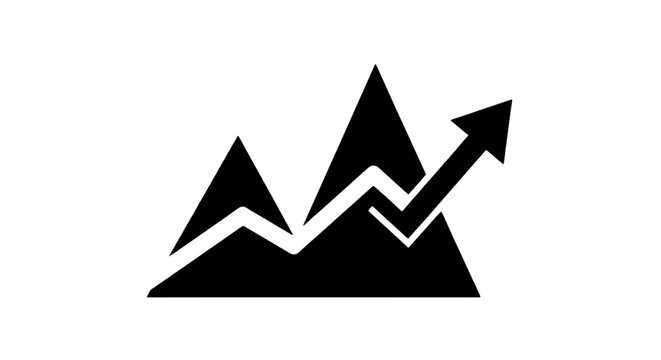 Vector illustration of mountain peak icon with rising growth arrow symbol on a transparent background