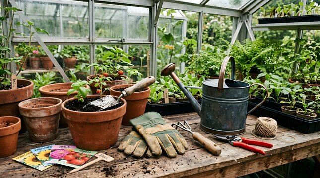Celebrating Labor Day with gardening tools and lush plants in a greenhouse