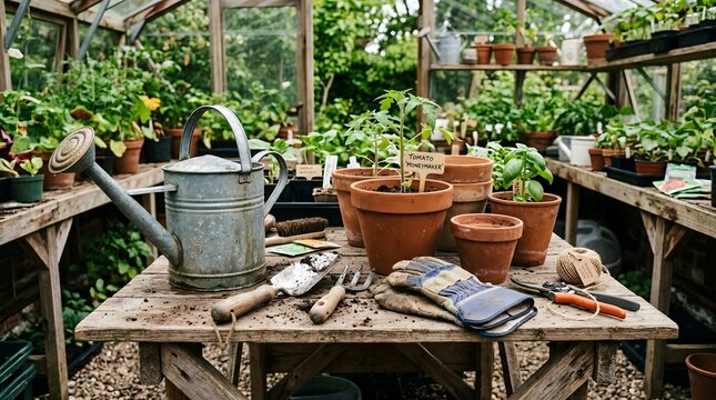 Gardening Tools On A Wooden Bench For Labor Day Work In A Greenhouse Setting