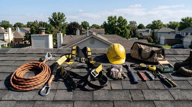 Professional Roofing Safety Equipment on a Shingle Roof for Labor Day Work