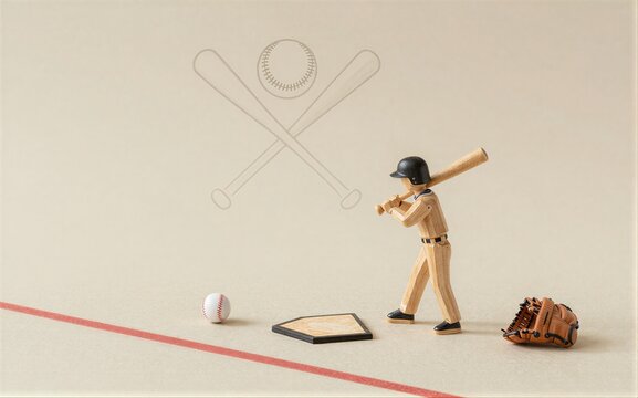 Wooden baseball player ready to swing, with ball and glove nearby.