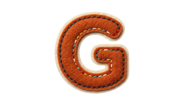 Orange letter G with stitched details on a white background, highlighting a playful and crafty font