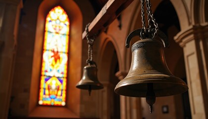 Obraz premium Antique bronze church bell hangs on wooden beam inside old cathedral. Colorful stained glass window glows with bright sunlight in background. Religious metal instrument symbol of Christian faith