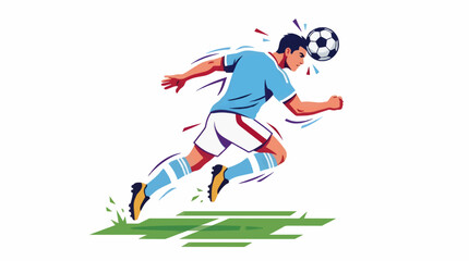 Fototapeta premium Soccer Player Heading Ball in Dynamic Flat Illustration Style, Dynamic Action Pose with Stylized Motion Lines and Green Field Elements, Sport Concept