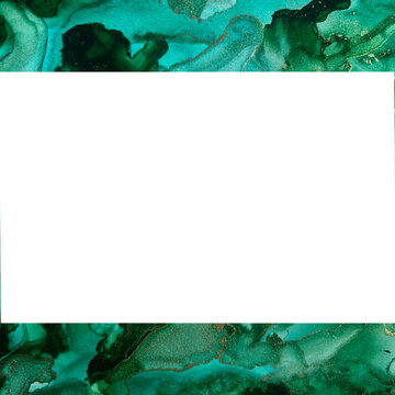 Emerald green and gold alcohol ink art frame with central copy space