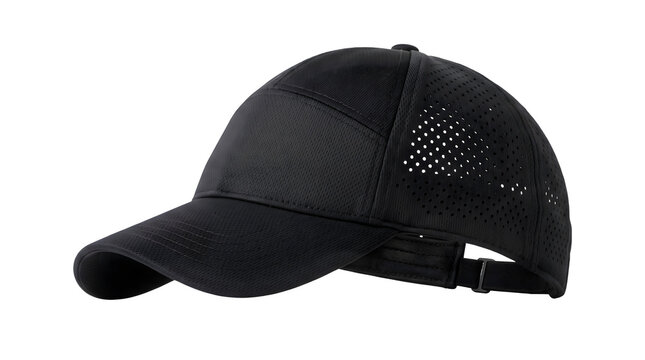 Black athletic baseball cap with breathable mesh panels, performance sports hat for running and fitness, blank technical headwear mockup