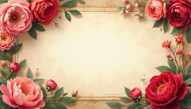 Decorative floral frame made of pink, red flowers with green leaves on aged paper texture. Artistic botanical border surrounds center empty space. Romantic background design template for wedding