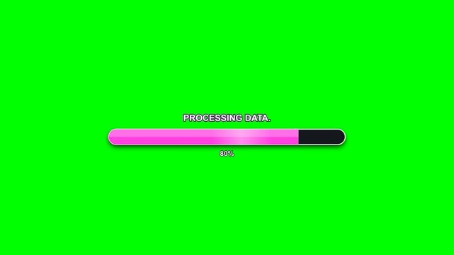 Processing data progress bar with pink loading animation on green screen