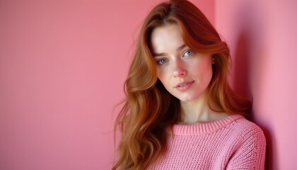 Fototapeta premium Young woman with red hair wears pink knitted sweater. Female model stands against solid pink wall background in studio. Beautiful girl natural makeup, looks at camera. Concept of fashion style youth