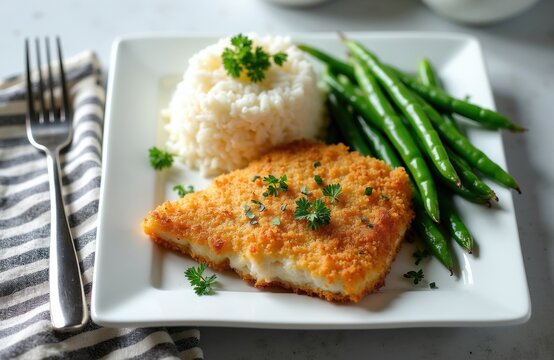 Crispy baked haddock fillet served with fluffy white rice, fresh green beans on square plate. Healthy lunch features tasty white fish breaded crust seasoned herbs. Nutritious dinner meal includes