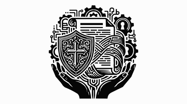 Conceptual illustration of data security and legal protection for information privacy featuring a shield icon and digital compliance symbols in hands