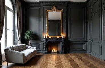 Obraz premium Elegant living room with dark walls, classic molding. Large gold mirror hangs above black fireplace mantel with lit candles. Modern grey sofa stands on herringbone parquet floor. Bright sunlight