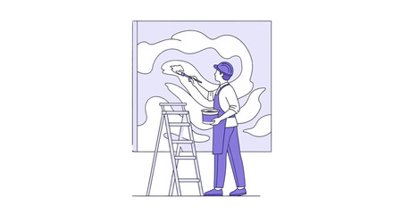 Person on ladder paints abstract mural with brush and bucket © Sendal