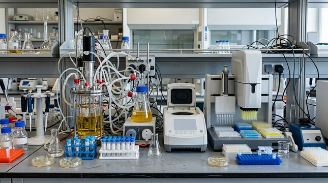 Modern biotechnology laboratory equipment with bioreactor and liquid handling system