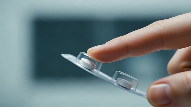 Close up of a person pressing a white pill out of a blister pack, medication dosage concept, healthcare and pharmaceutical industry, daily health routine, medical treatment