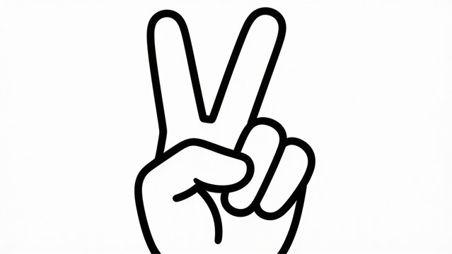 simple, black and white line drawing of a hand making a peace sign. The hand is depicted with two fingers extended upwards, while the thumb and other fingers are curled into the palm. The lines are bo