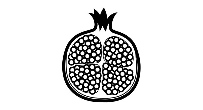 Vector illustration of black and white line art illustration of a halved pomegranate fruit on a transparent background
