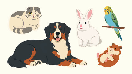 Fototapeta premium Playful Scottish Fold Cat Winking Beside Gentle Bernese Mountain Dog, White Rabbit, Budgie Bird, and Hamster, Flat Vector Illustration with Soft Pastel Colors on Cream Background