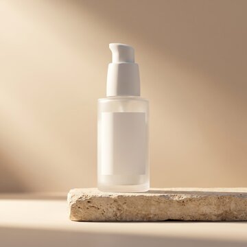 Luxury frosted white skincare serum bottle on travertine podium
