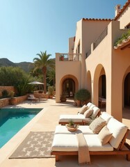 Obraz premium Luxury villa with private pool and sun loungers. Beige building with arches, palm trees, green plants. Sunny day, blue sky, vacation resort.