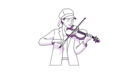 Obraz premium Line art of a person with eyes closed, wearing a hat, playing a violin
