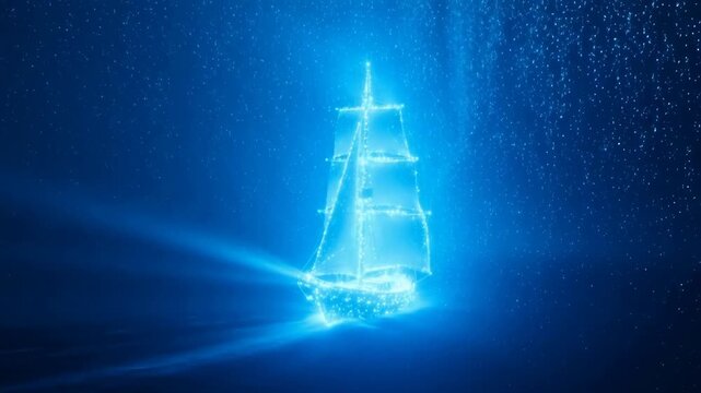 A glowing blue holographic sailboat floating in a dark, starry space with light particles surrounding it.