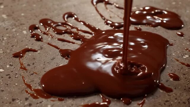 Melted chocolate being poured onto a surface, creating glossy pools and streams.