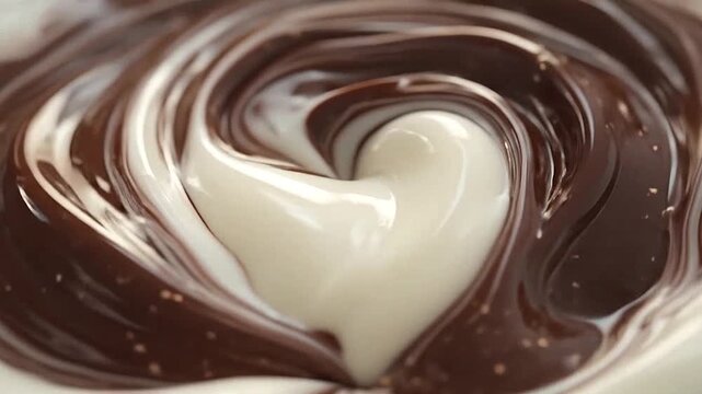 A close up view of swirling dark and white liquid chocolate